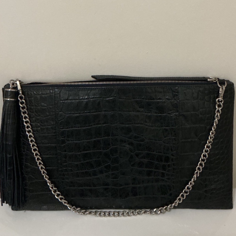NWOT Helena de Natalio Croc Leather Zip Shoulder Bag Silver Chain/Hardware15"x9"